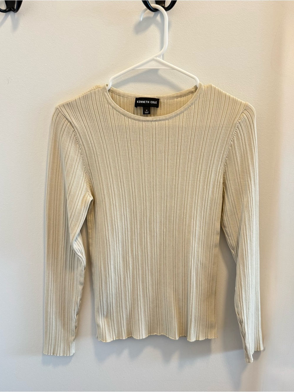 Kenneth Cole Ribbed Crewneck Long-Sleeve Top in Almond Milk Cream Women's Medium